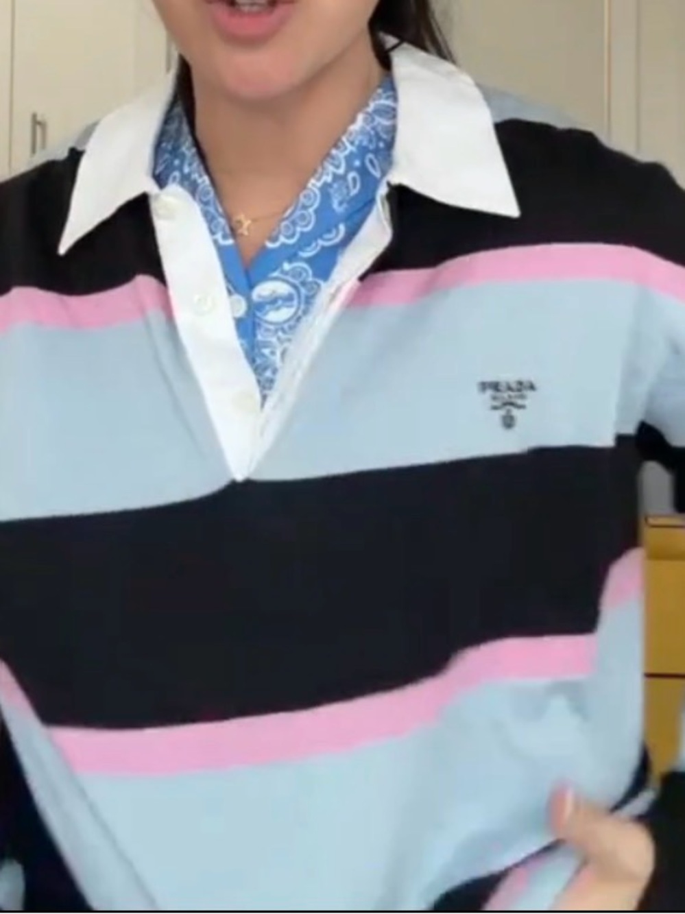 Prada Men’s Striped Polo in Black, Light Blue & Pink